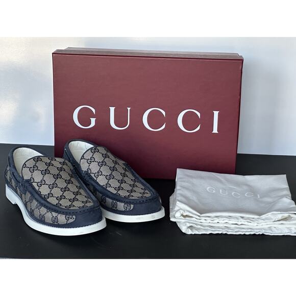 Gucci Men’s GG Leather/Canvas Boat Shoes Beige/Blue 9.5 (Gucci 9) 786485 IT NIB main image 6